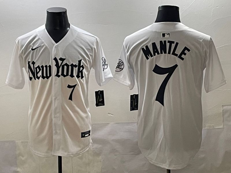 Men 2025 New York Yankees #7 Mantle White Five generations Joint Name Nike MLB Jersey style 6
